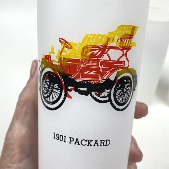 Frosted High Ball Glasses Vintage Barware Hazel Atlas Antique Autos Set of 4 - Picture 5 of 8